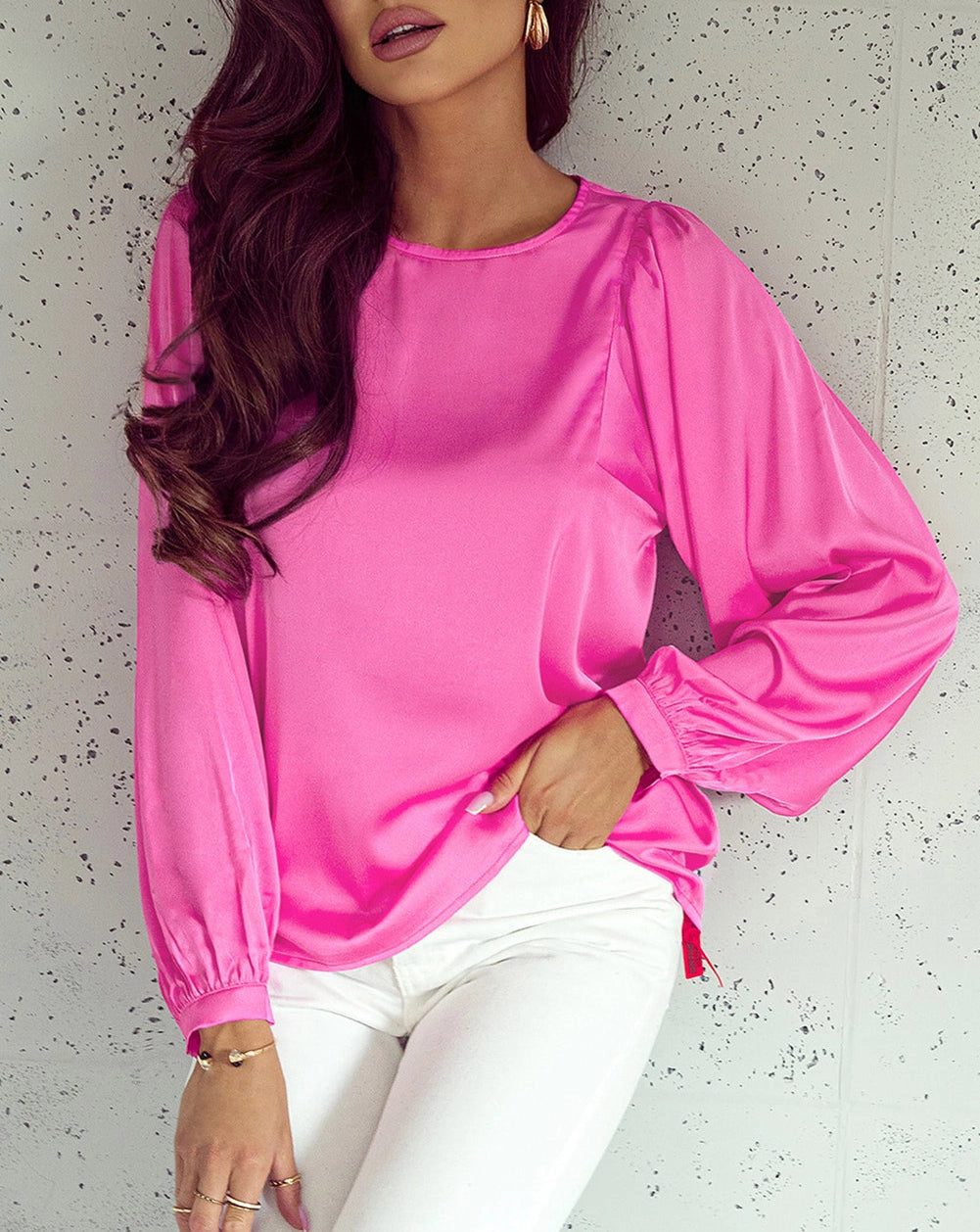 Pink Satin Long Sleeve Blouse