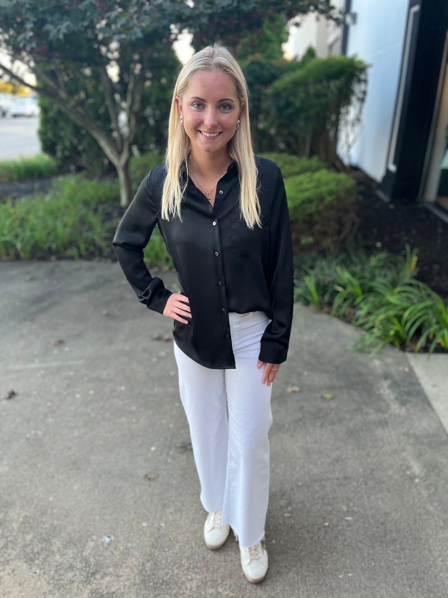 Satin Button Down Shirt Black