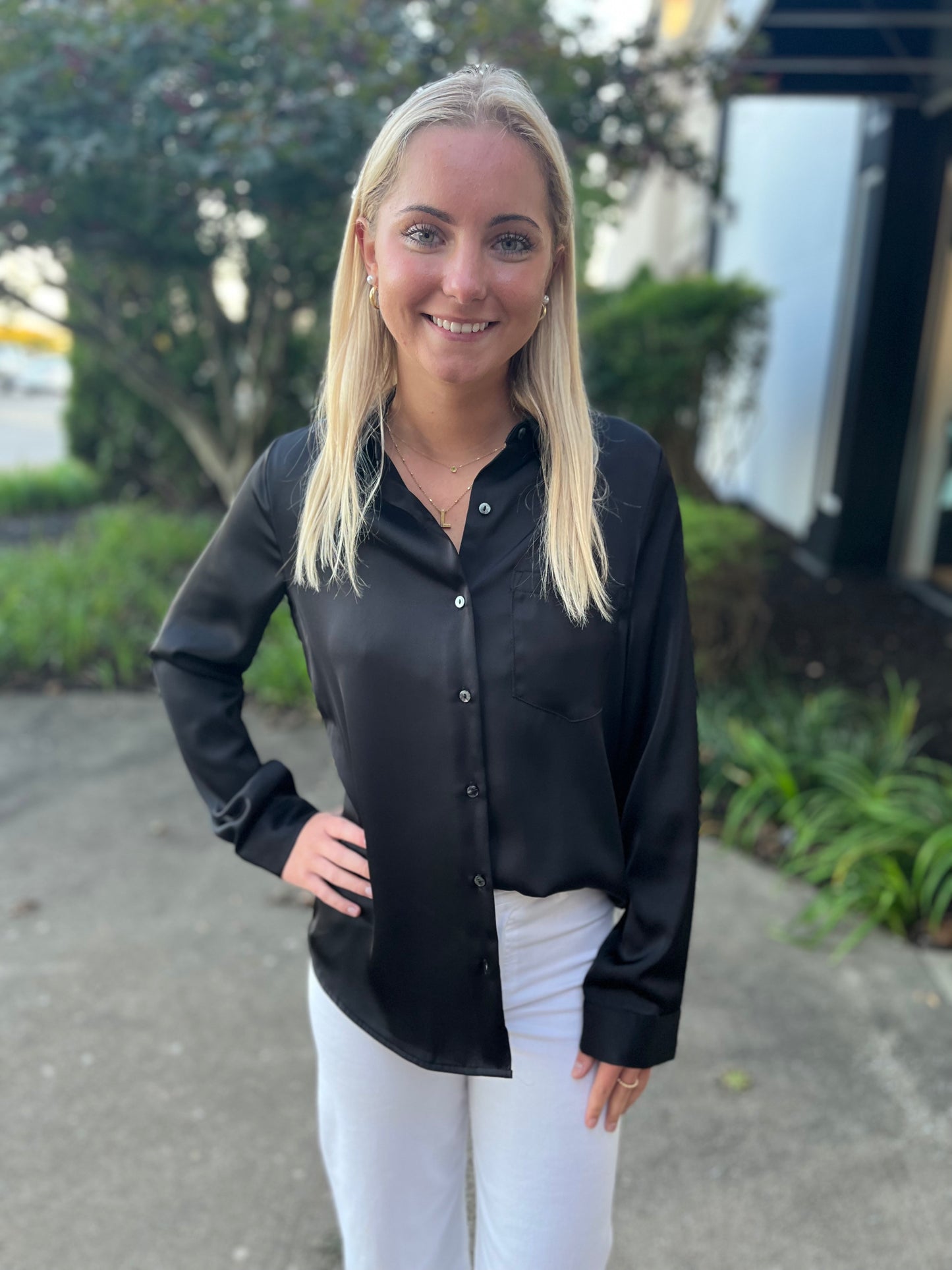 Satin Button Down Shirt Black