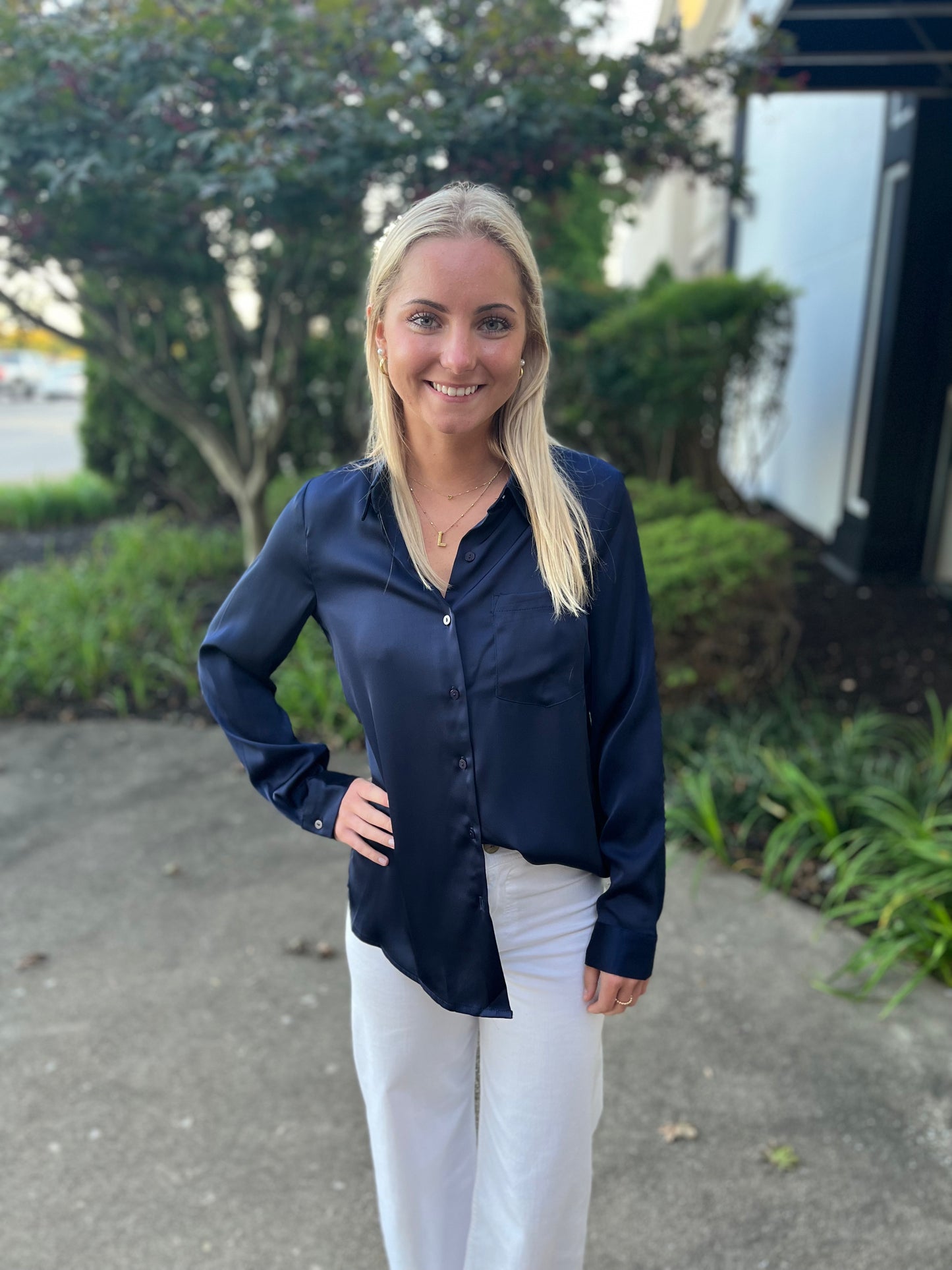 Skies Are Blue Satin Button Down Long-Shirt Navy
