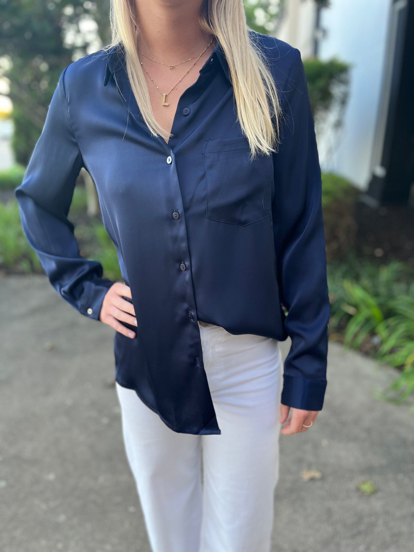 Skies Are Blue Satin Button Down Long-Shirt Navy