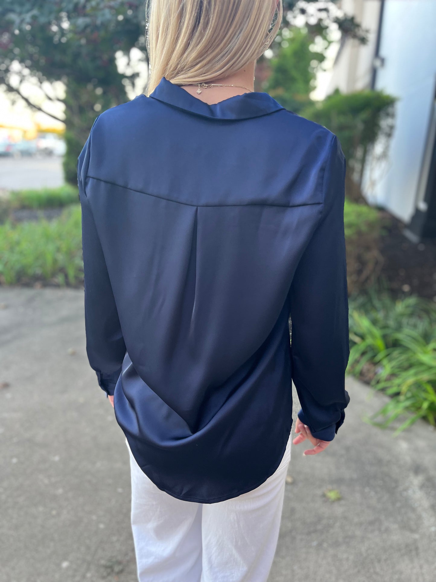 Skies Are Blue Satin Button Down Long-Shirt Navy