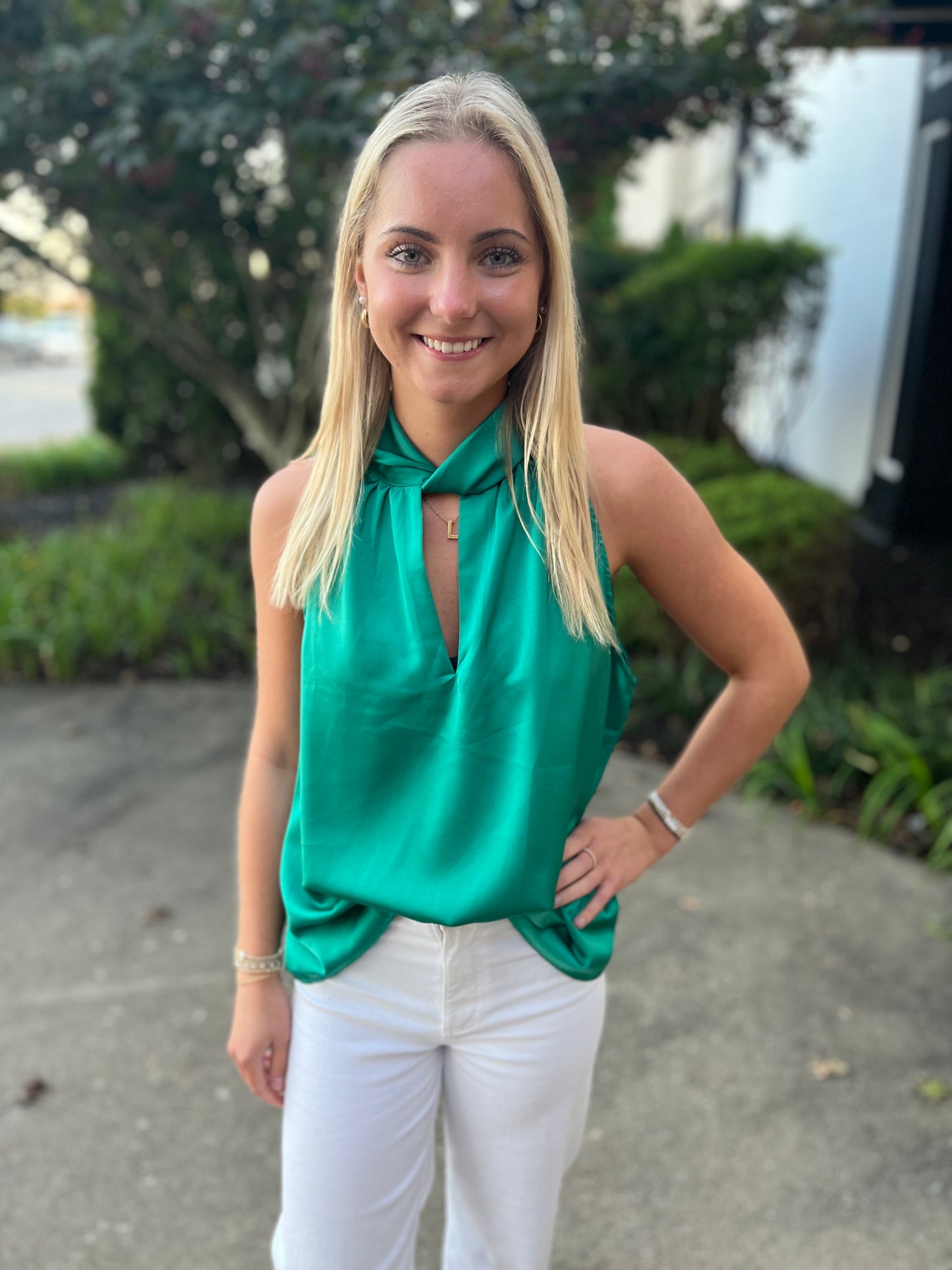 Satin Cutout Tank Kelly Green