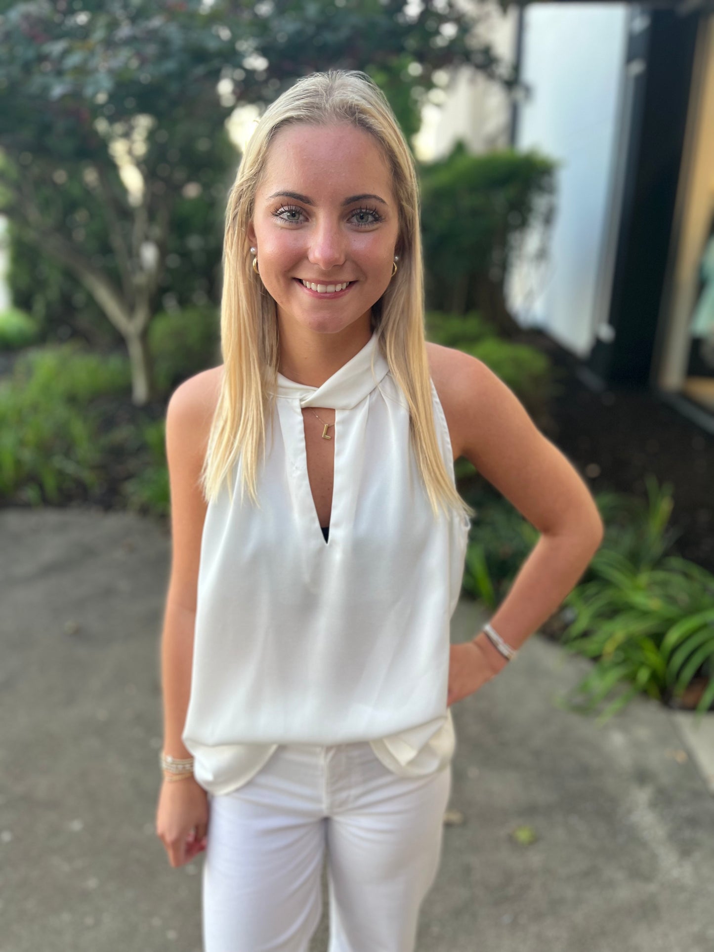 Satin Cutout Tank Off White