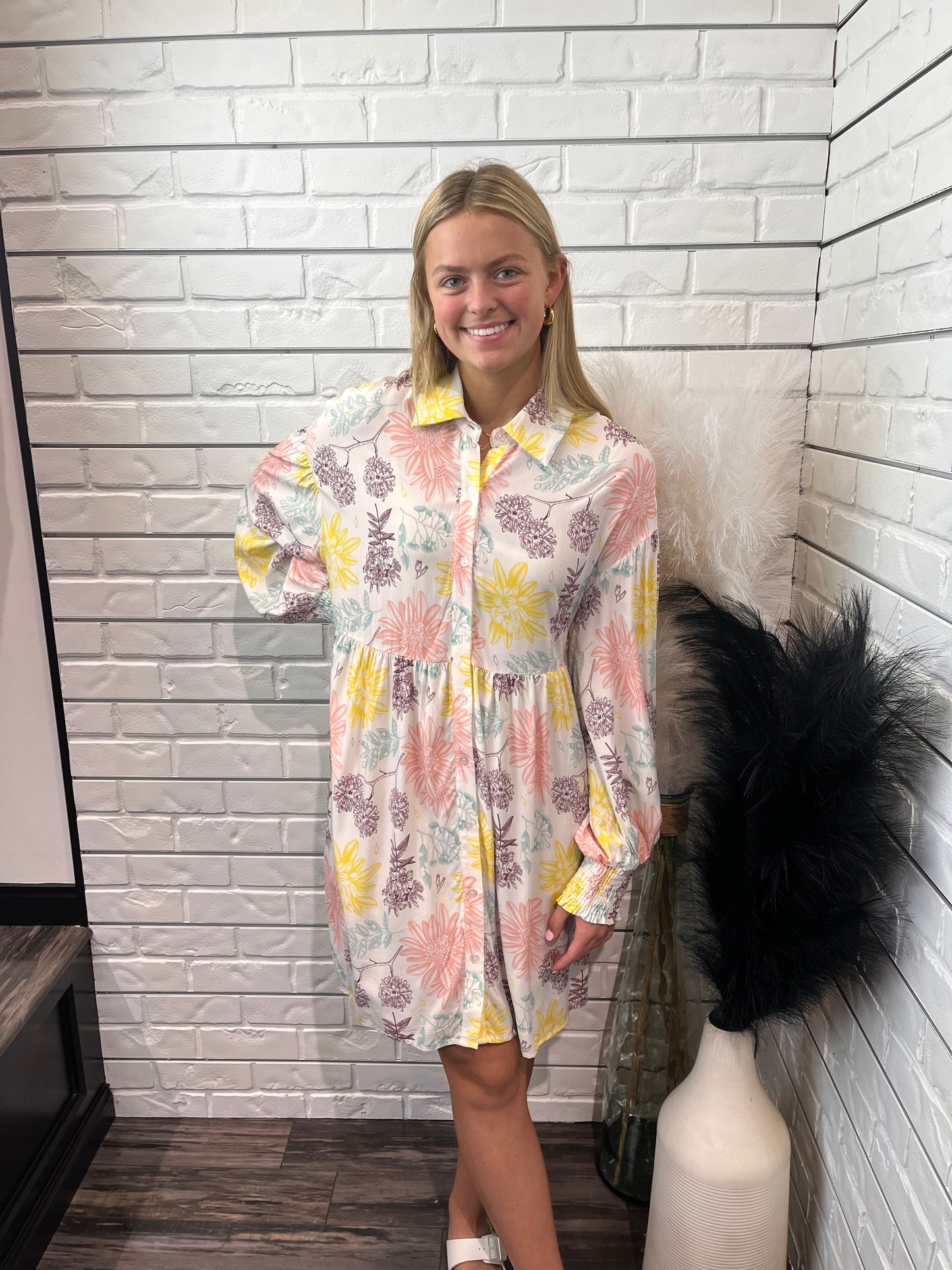 Collard Neck Bubble Sleeve Floral Dress