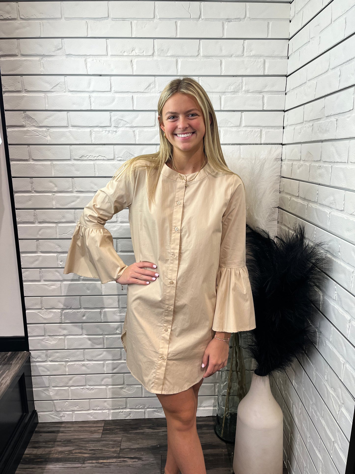 Oatmeal Bell Sleeve Button Down Hi-low Shirt Dress