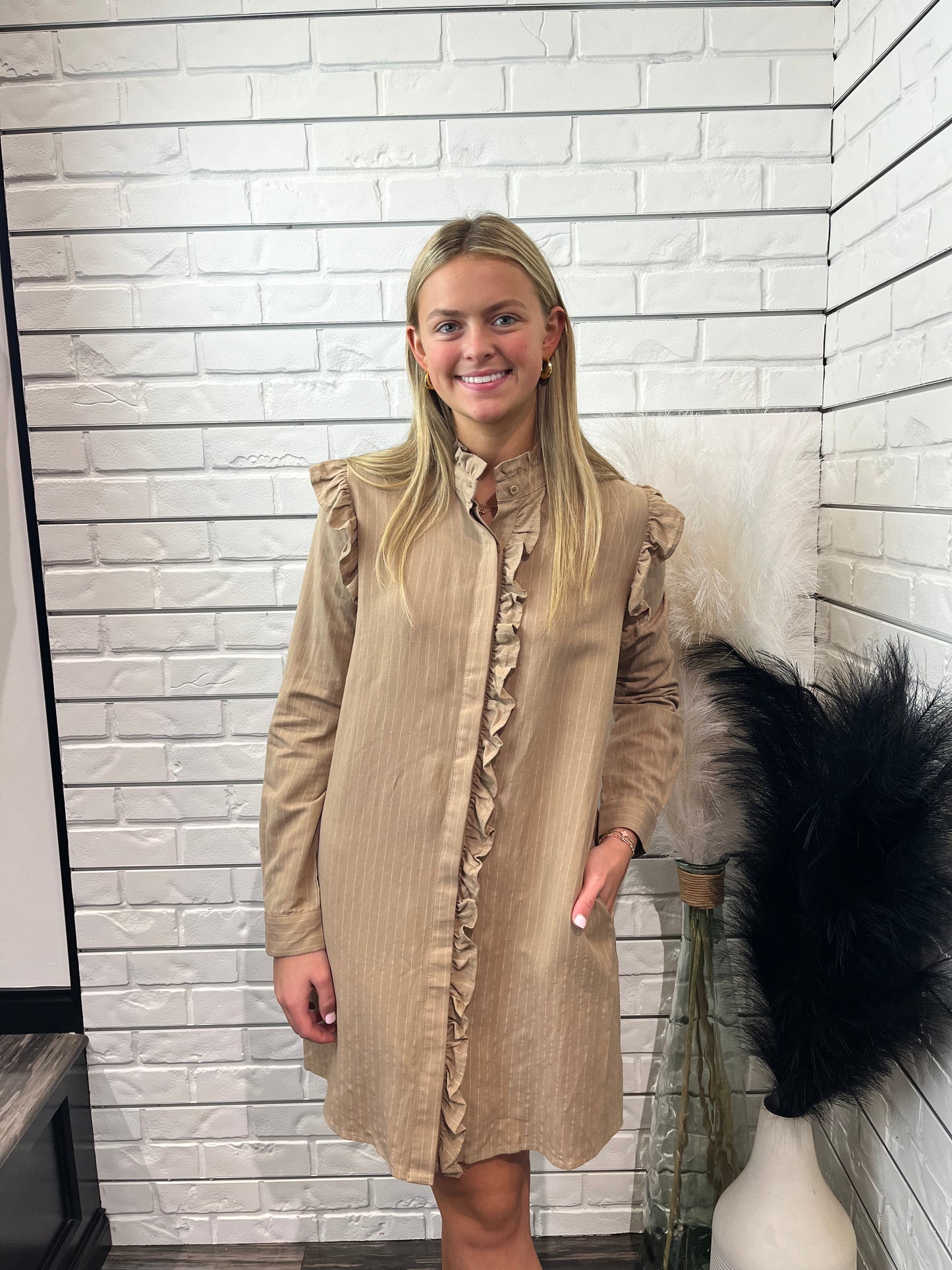 Mocha Ruffle Detail Button Down Dress