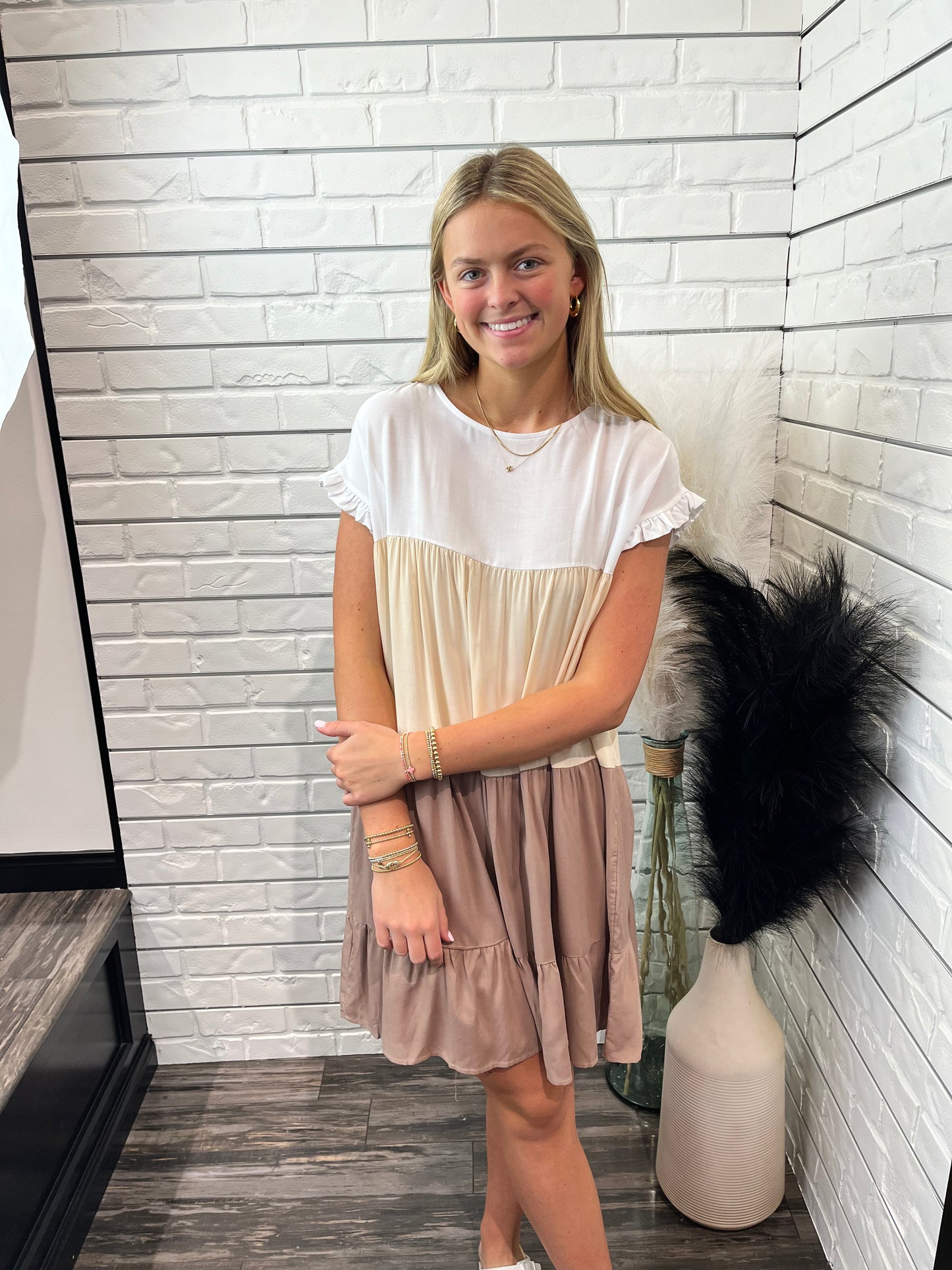 White and Tan Smock Dress