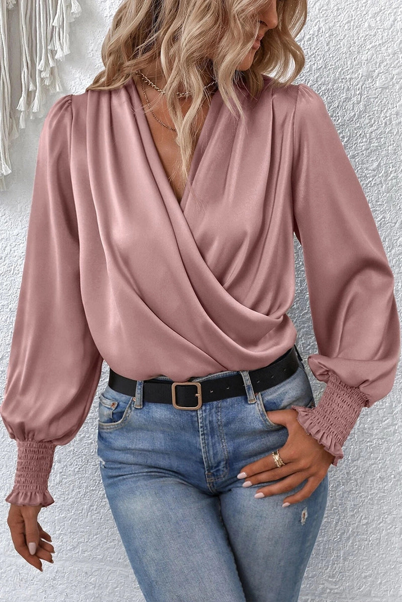 Cross Wrapped Ribbed Sleeve Blouse