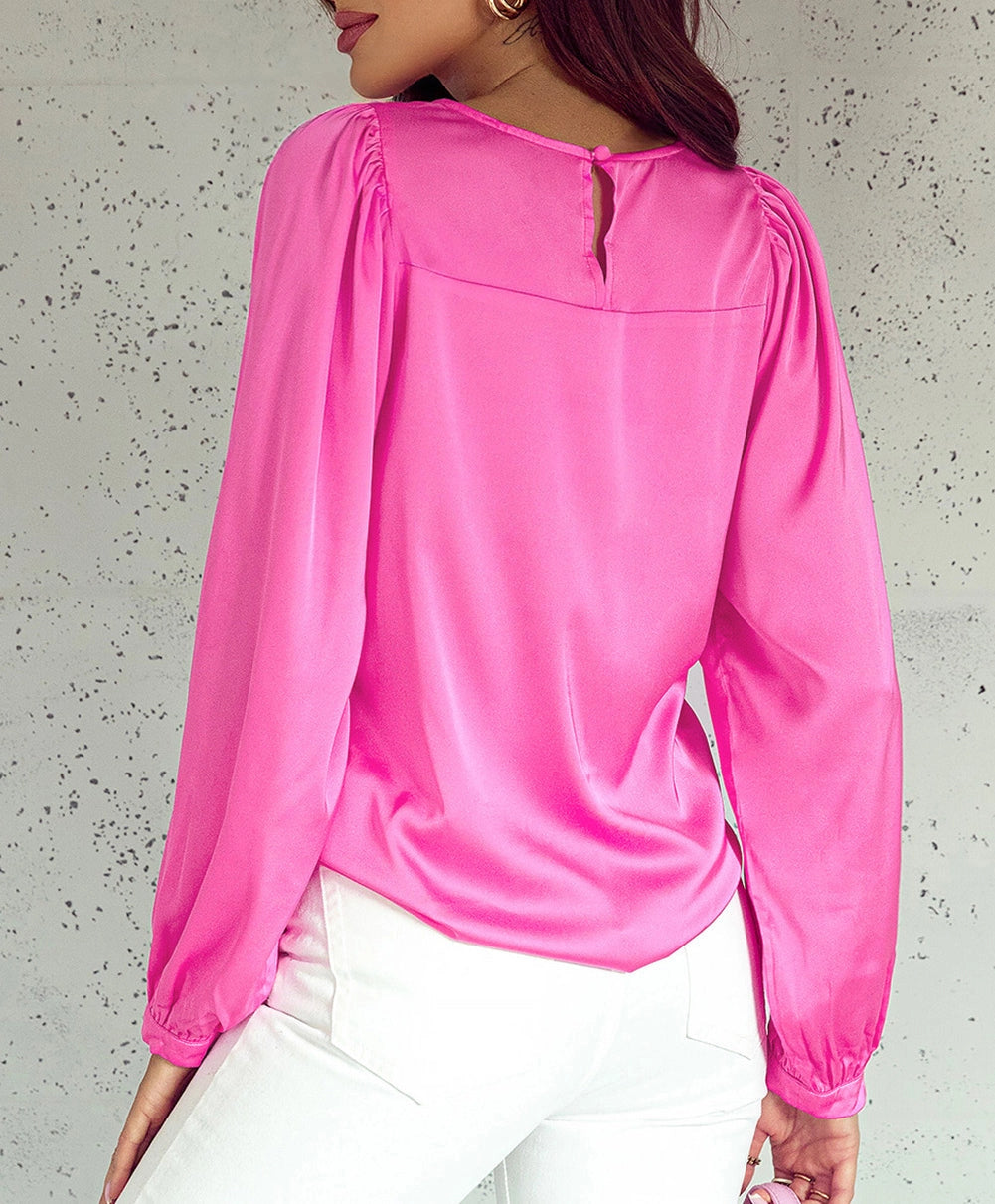 Pink Satin Long Sleeve Blouse