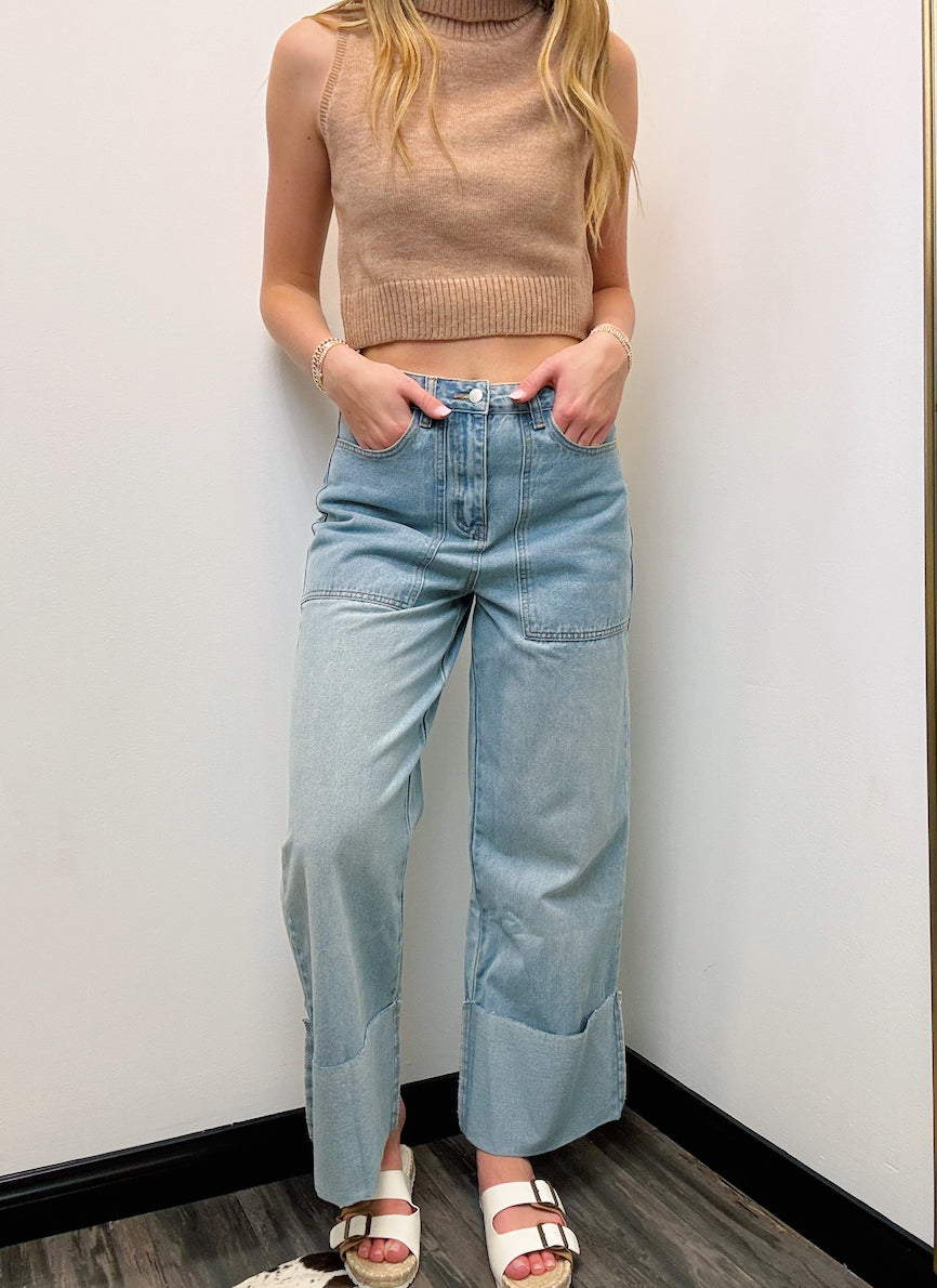 High Waisted Wide Leg Cuff Jean