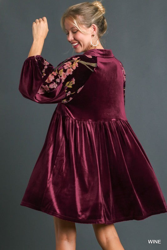 Umgee Floral Sleeve Velvet Dress