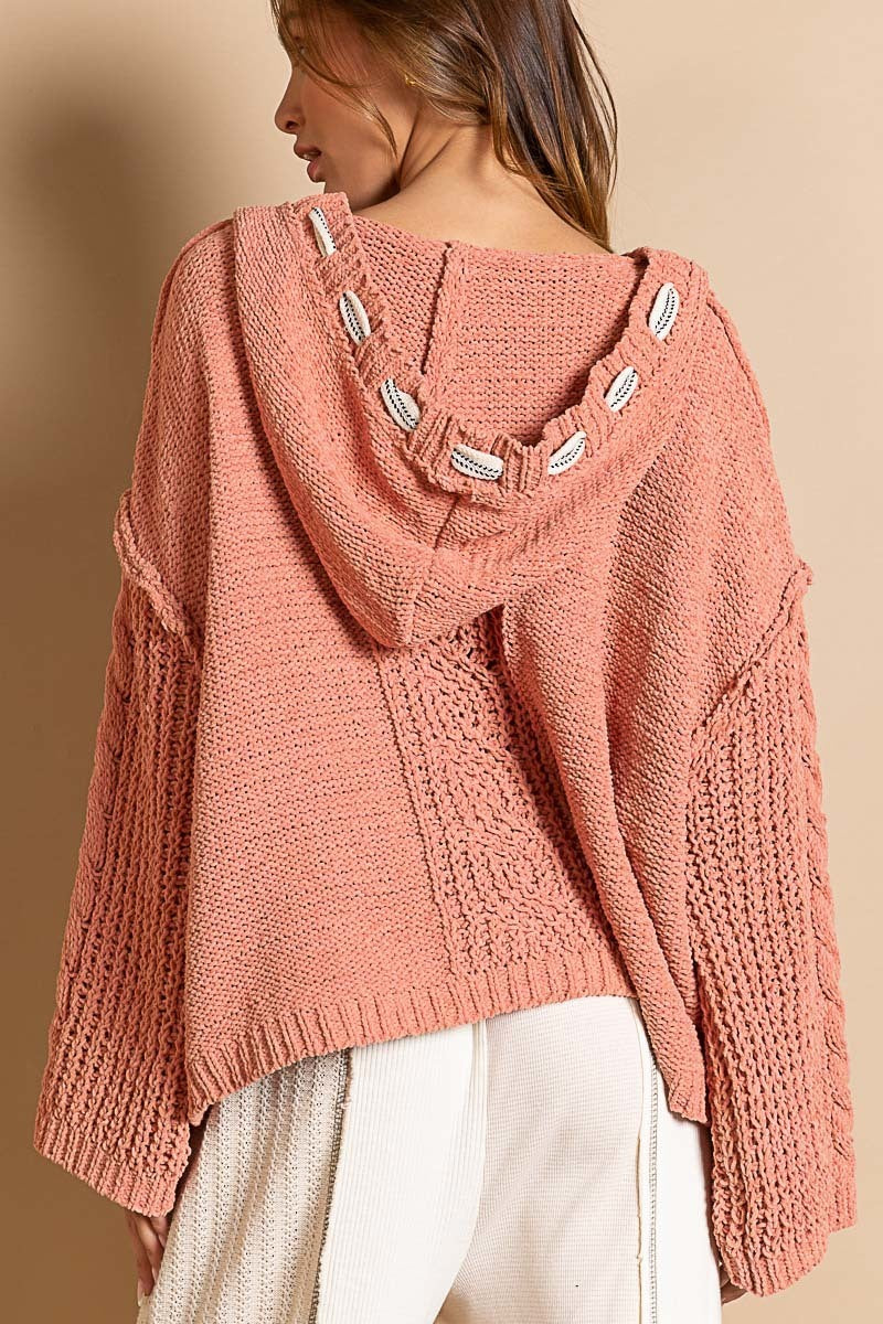 POL V-neck Hooded Cable Knit Sweater