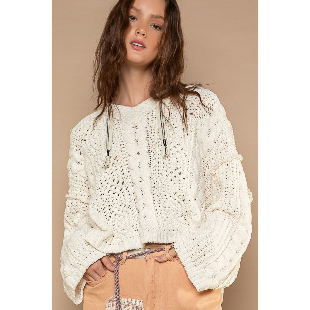 POL V-neck Hooded Cable Knit Sweater