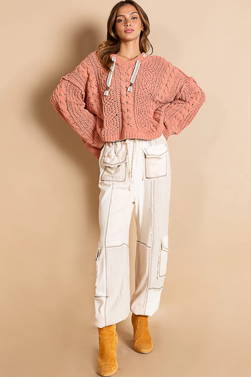 POL V-neck Hooded Cable Knit Sweater