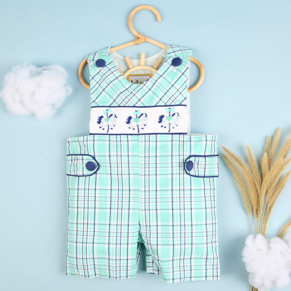 Smocked Merry-Go-Round Plaid Shortalls