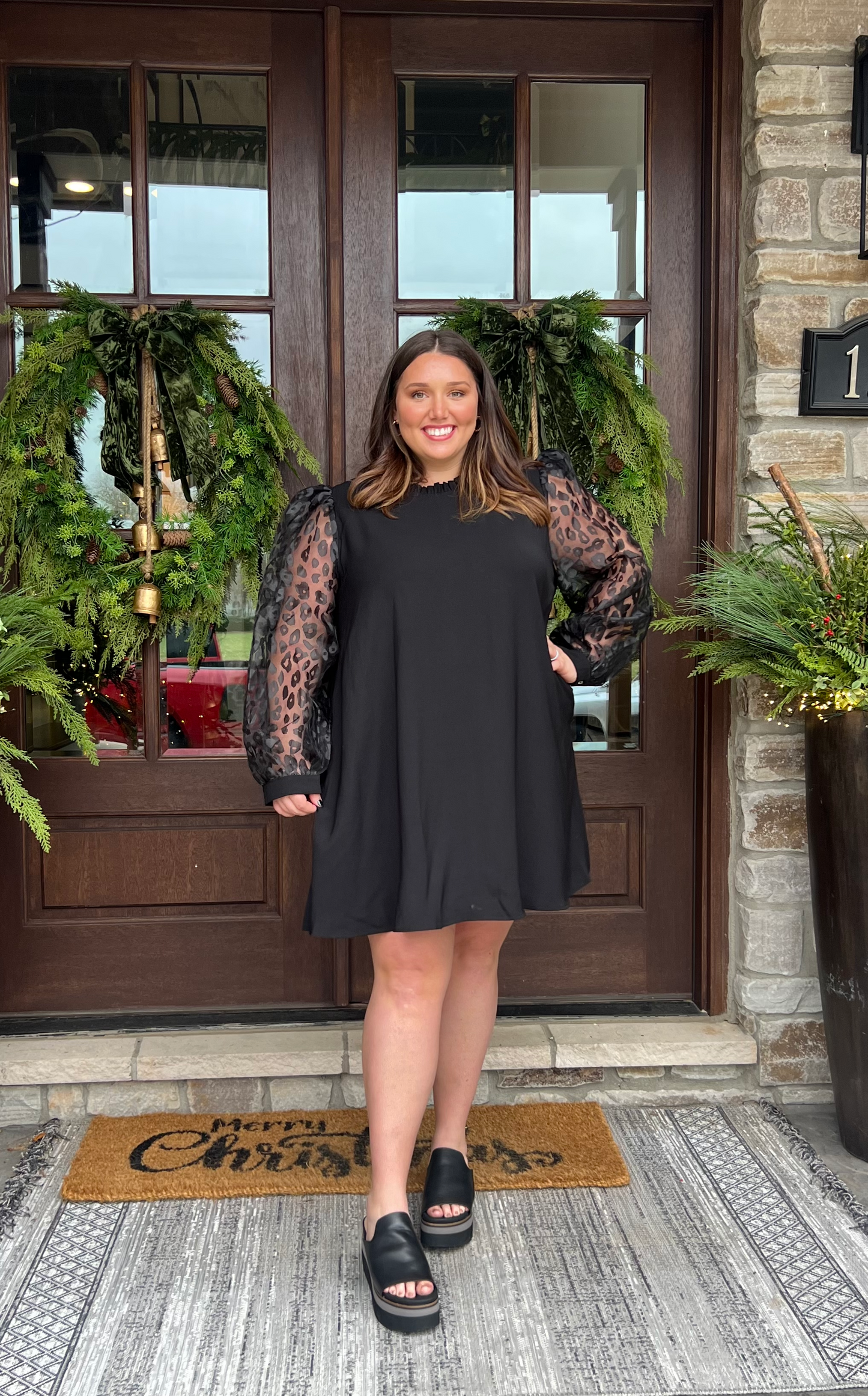 Jodifl Black Solid Cheetah Sleeve Dress H10177-plus