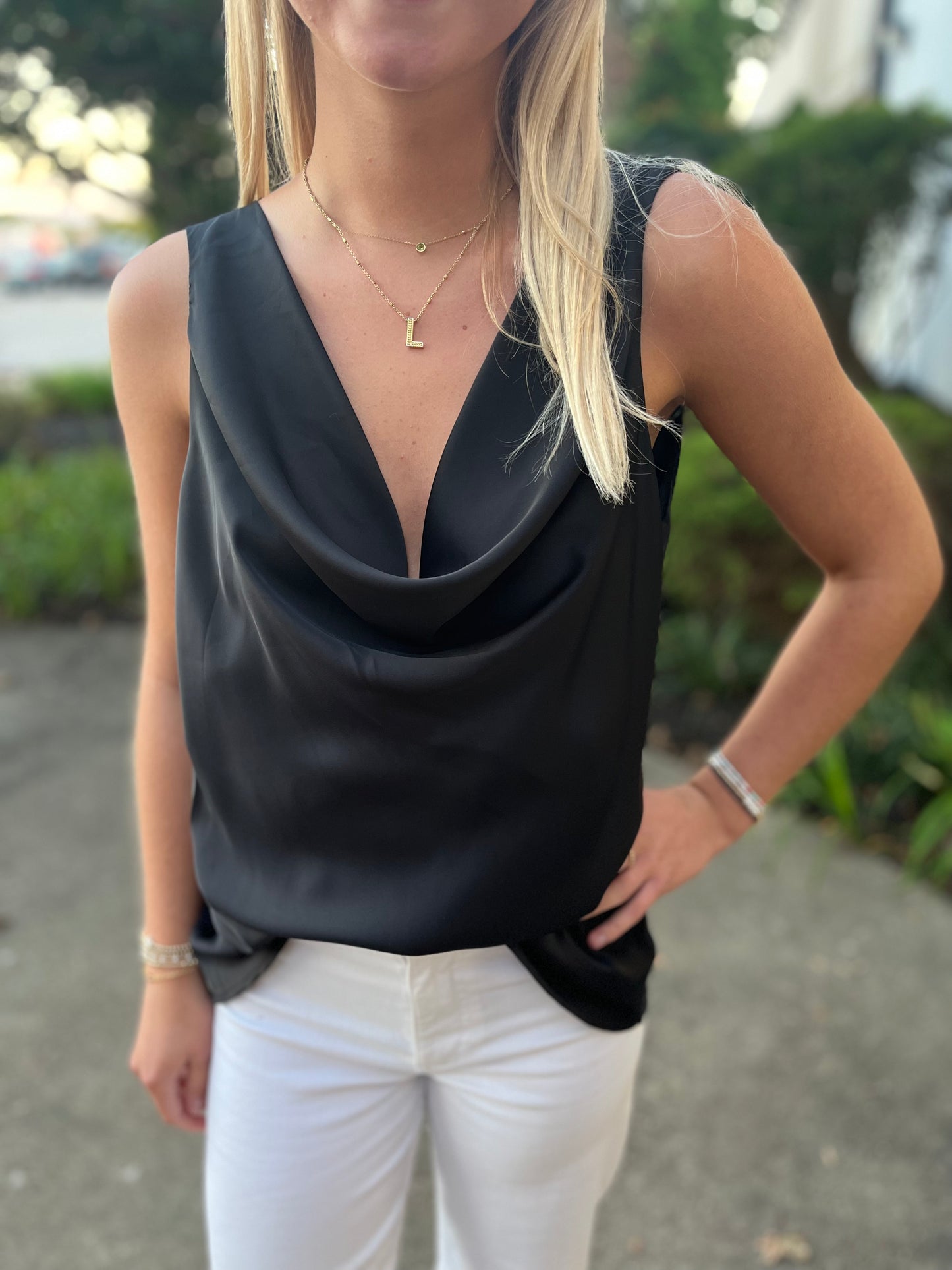 Sleeveless Satin Cowl Neck Top Black