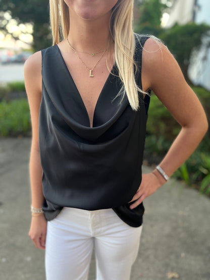 Sleeveless Satin Cowl Neck Top Black