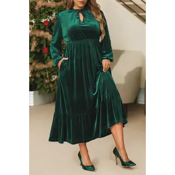 Green Frilled Neck Midi Dress