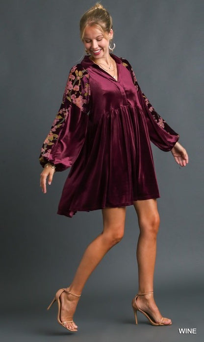 Umgee Floral Sleeve Velvet Dress