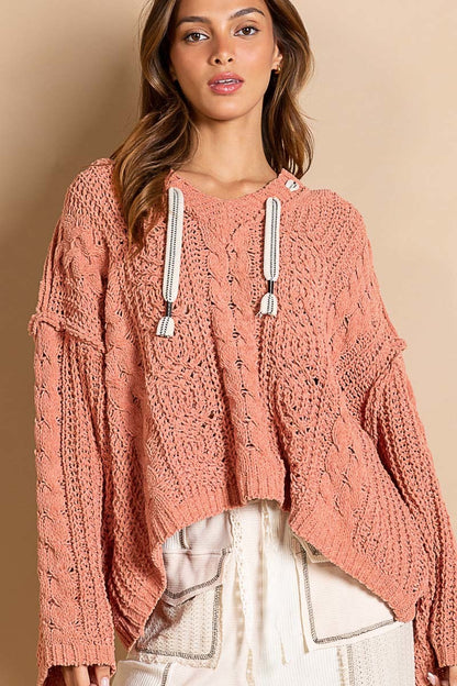 POL V-neck Hooded Cable Knit Sweater