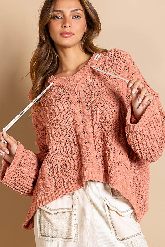 POL V-neck Hooded Cable Knit Sweater