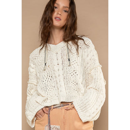 POL V-neck Hooded Cable Knit Sweater