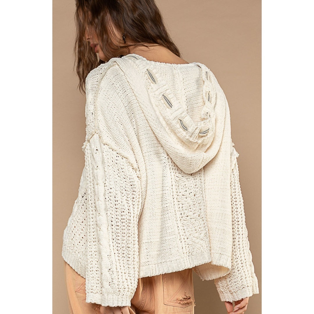 POL V-neck Hooded Cable Knit Sweater