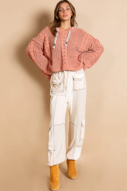 POL V-neck Hooded Cable Knit Sweater
