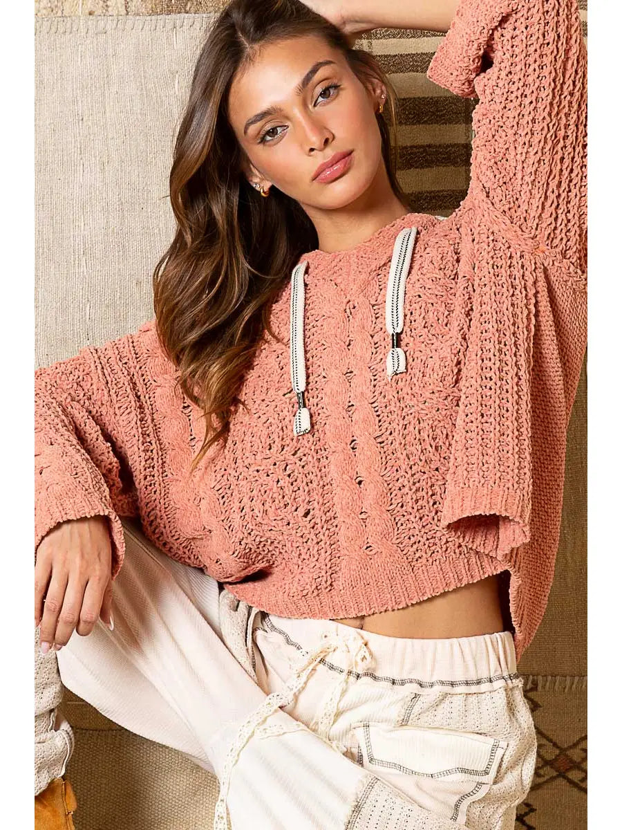 POL V-neck Hooded Cable Knit Sweater
