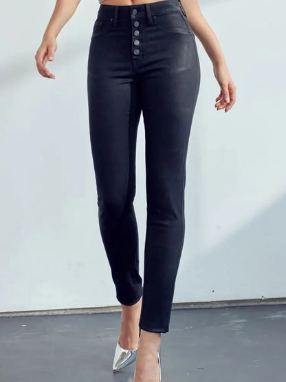 Kancan KC7113BK COATED HIGH RISE BUTTON DOWN SUPER SKINNY