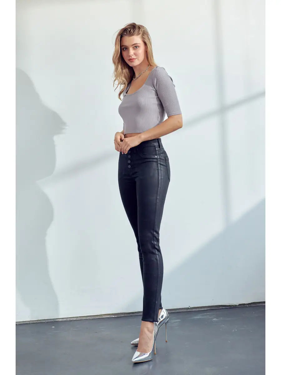 Kancan KC7113BK COATED HIGH RISE BUTTON DOWN SUPER SKINNY