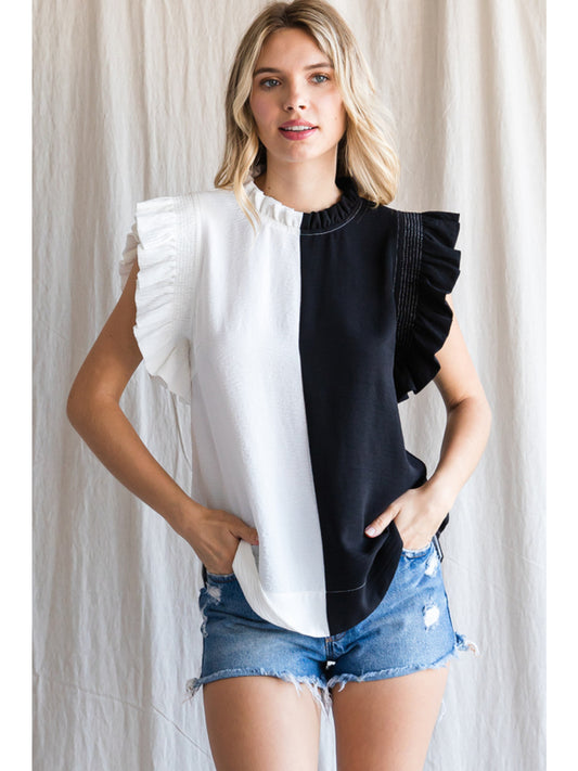 Color-Block Flutter Sleeve High Neck Top