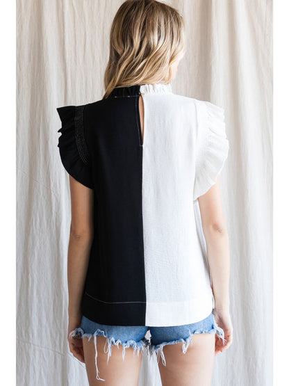 Color-Block Flutter Sleeve High Neck Top