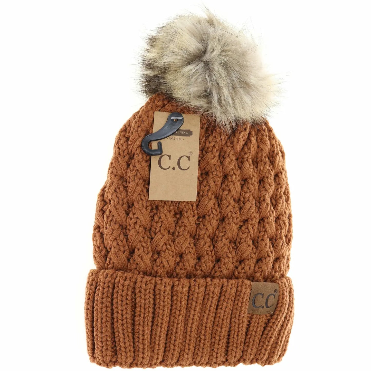 CC Lattice Stitch Fur Pom Beanie